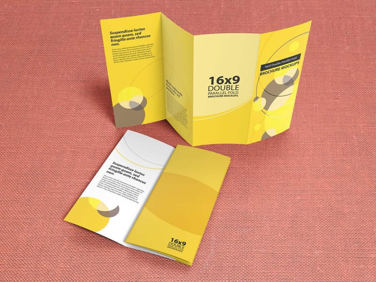 16×9 Double Parallel Fold Brochure Mockups