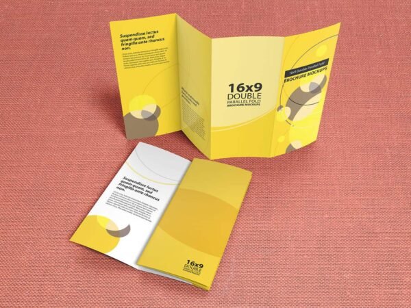 16×9 Double Parallel Fold Brochure Mockups