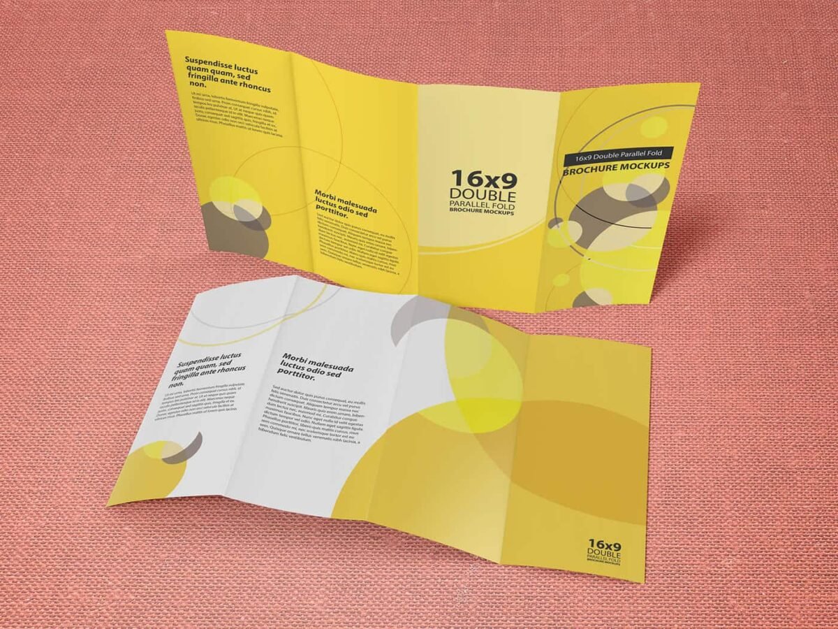 16x9 Double Parallel Fold Brochure Mockups