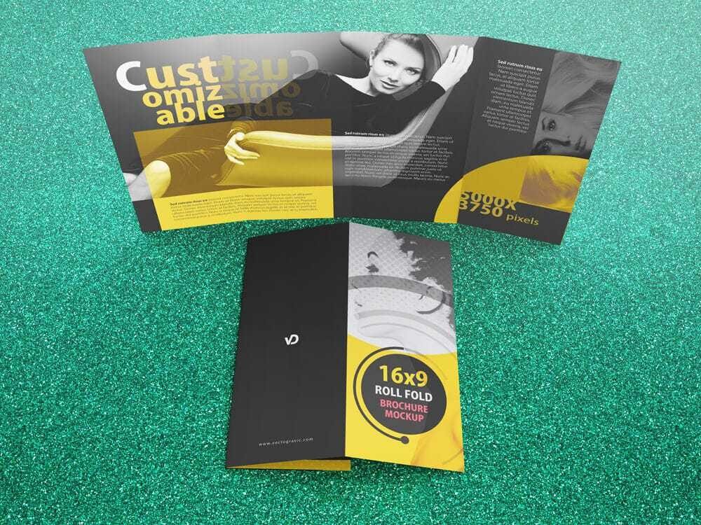  16 x 9 Four Panel Roll Fold Brochure Mockup 