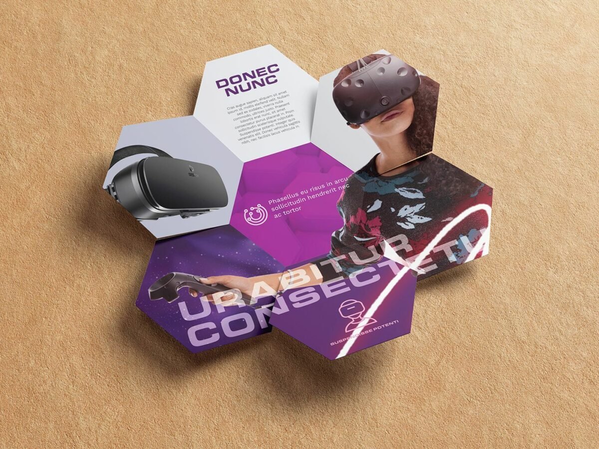 Center Folded Hexagon Brochure Mockups