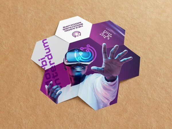 Center Folded Hexagon Brochure Mockups