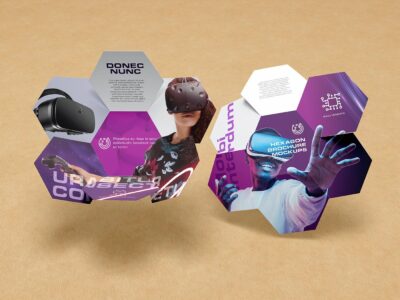Center Folded Hexagon Brochure Mockups