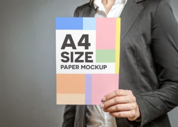 Free Business Woman Holding A4 Paper Mockup