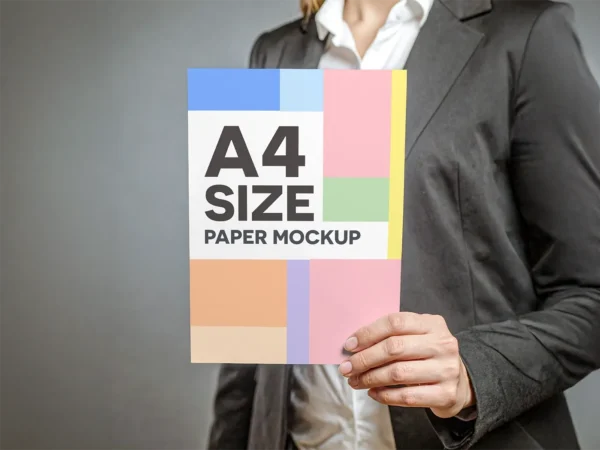 Free Business Woman Holding A4 Paper Mockup